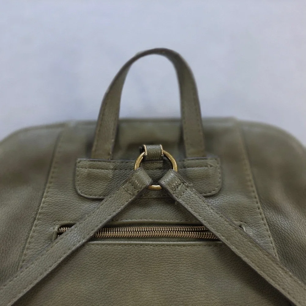 Olive Green Faux Leather Backpack Pockets Minimalist Grunge Festival Goblincore